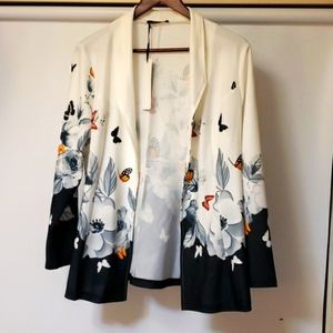 Open front, unlined blazer.  Floral and butterfly